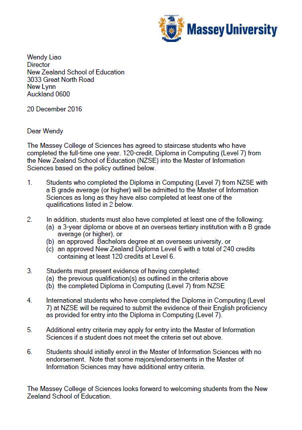 盈科留學(xué)新疆分公司獲得梅西大學(xué)IT專(zhuān)升碩認(rèn)證信Diploma in Computing Level 7